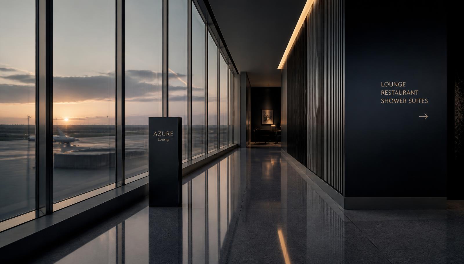 Quiet modern airport lounge corridor at dawn