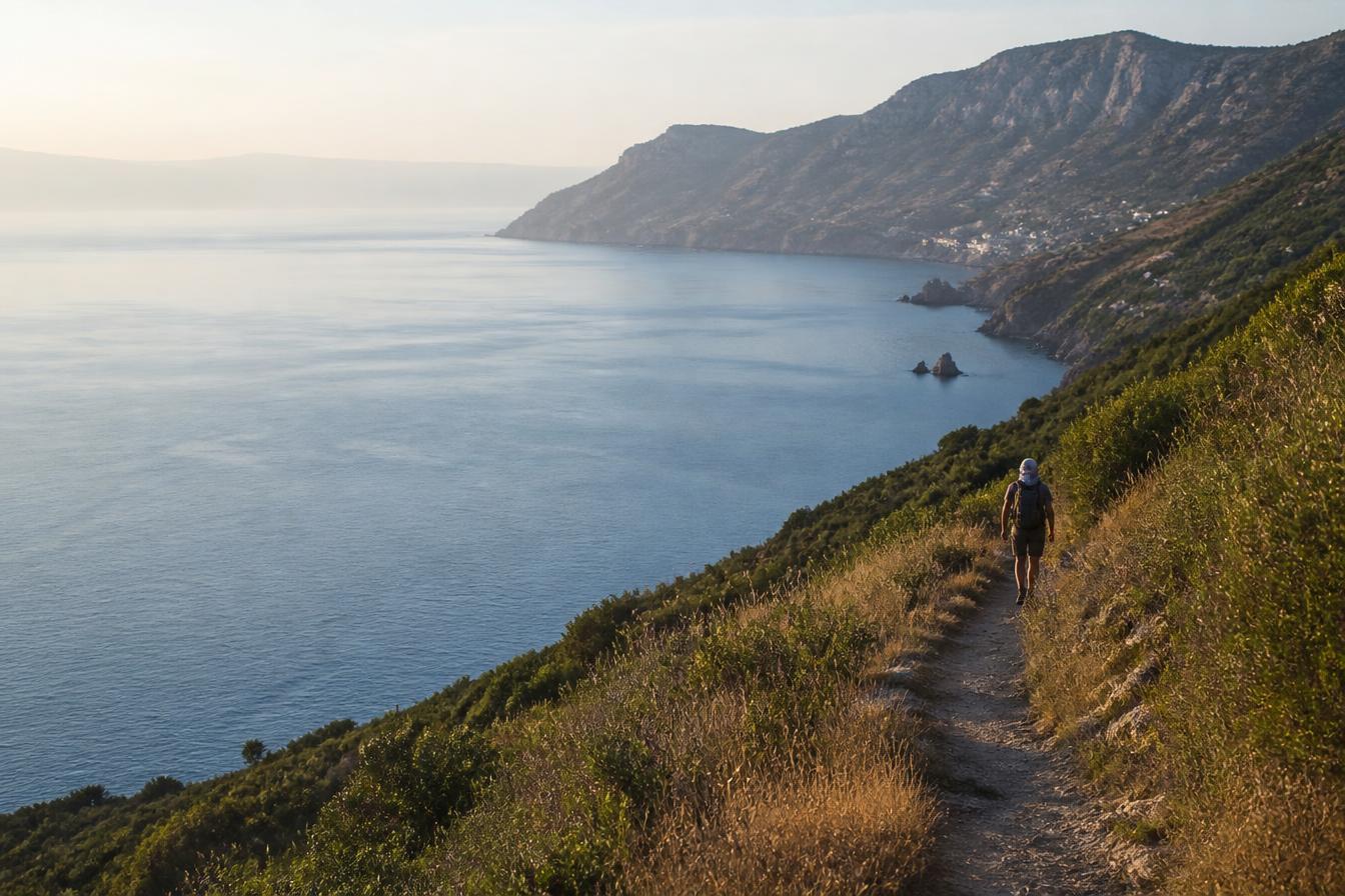 A walker on a coastal cliff path above a calm blue sea at sunrise