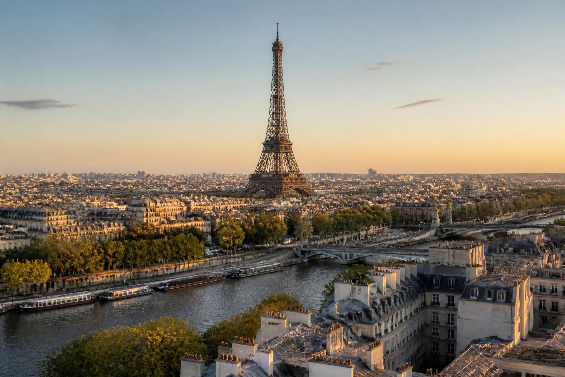 The Eiffel Tower rising above Parisian rooftops at golden hour, France