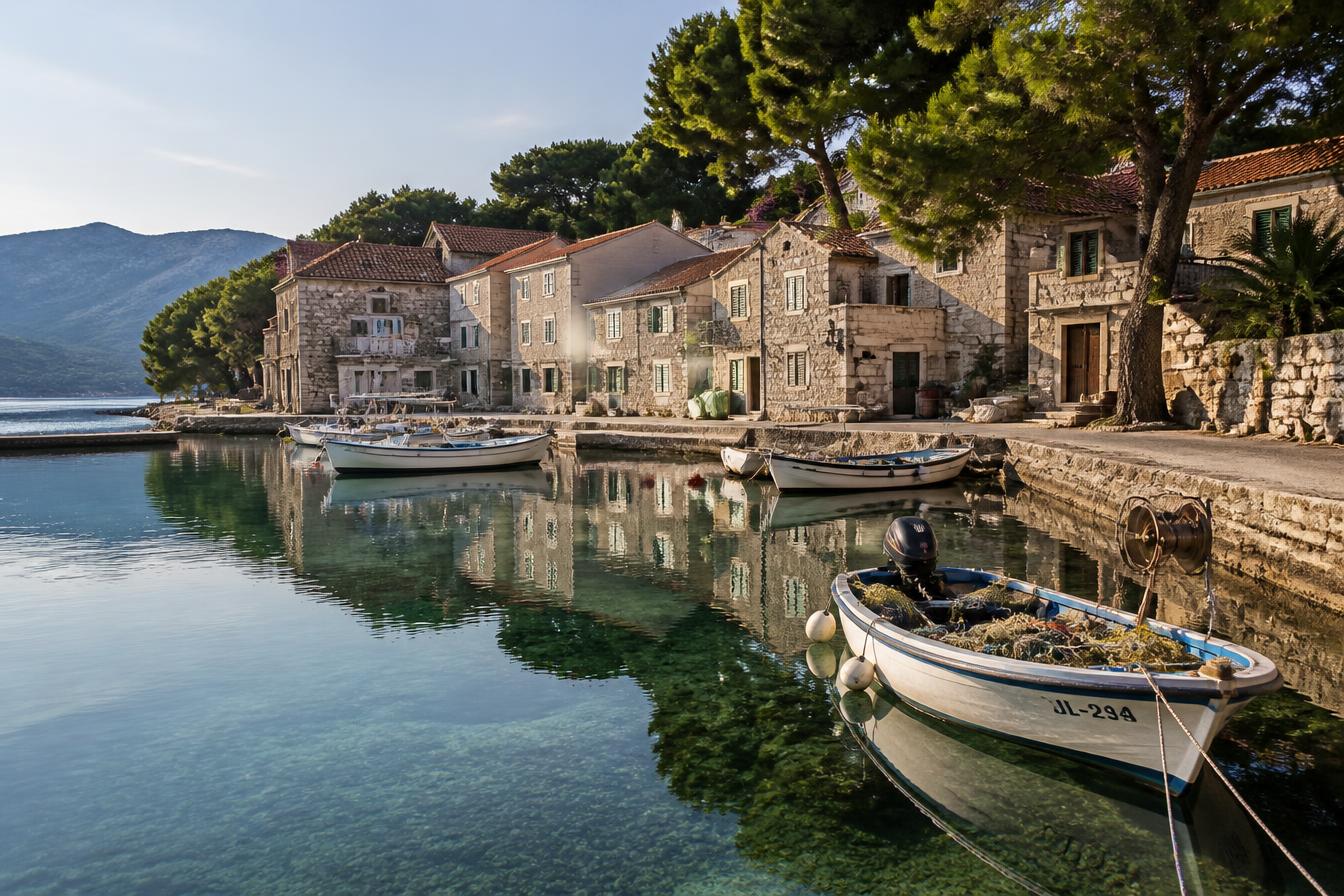A quiet Croatian stone harbour village with fishing boats in clear water