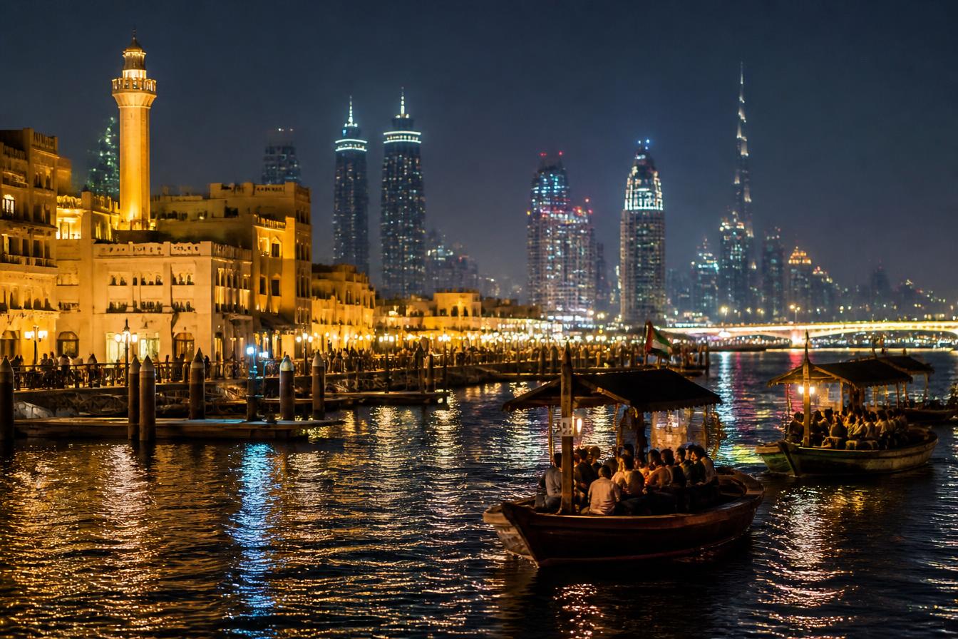 Wooden abra boats crossing Dubai Creek at night with the skyline behind