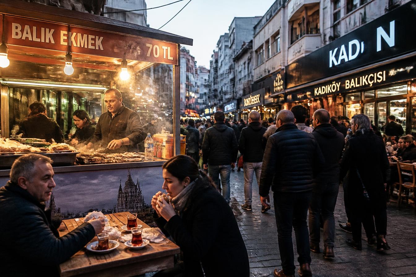 An evening food street in Kadikoy, Istanbul, with tea glasses and a busy grill