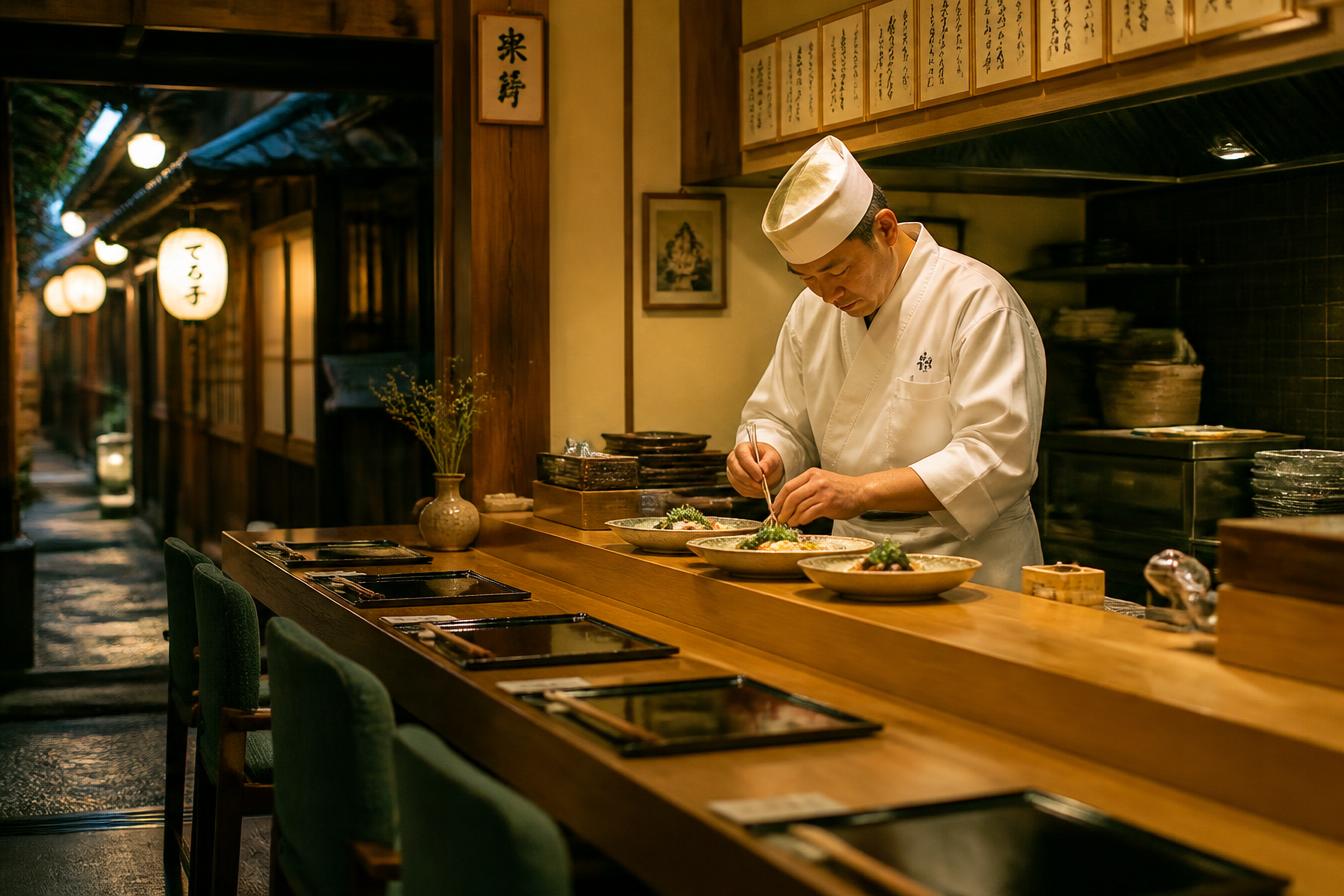 A chef plating seasonal dishes at a small wooden counter in Kyoto