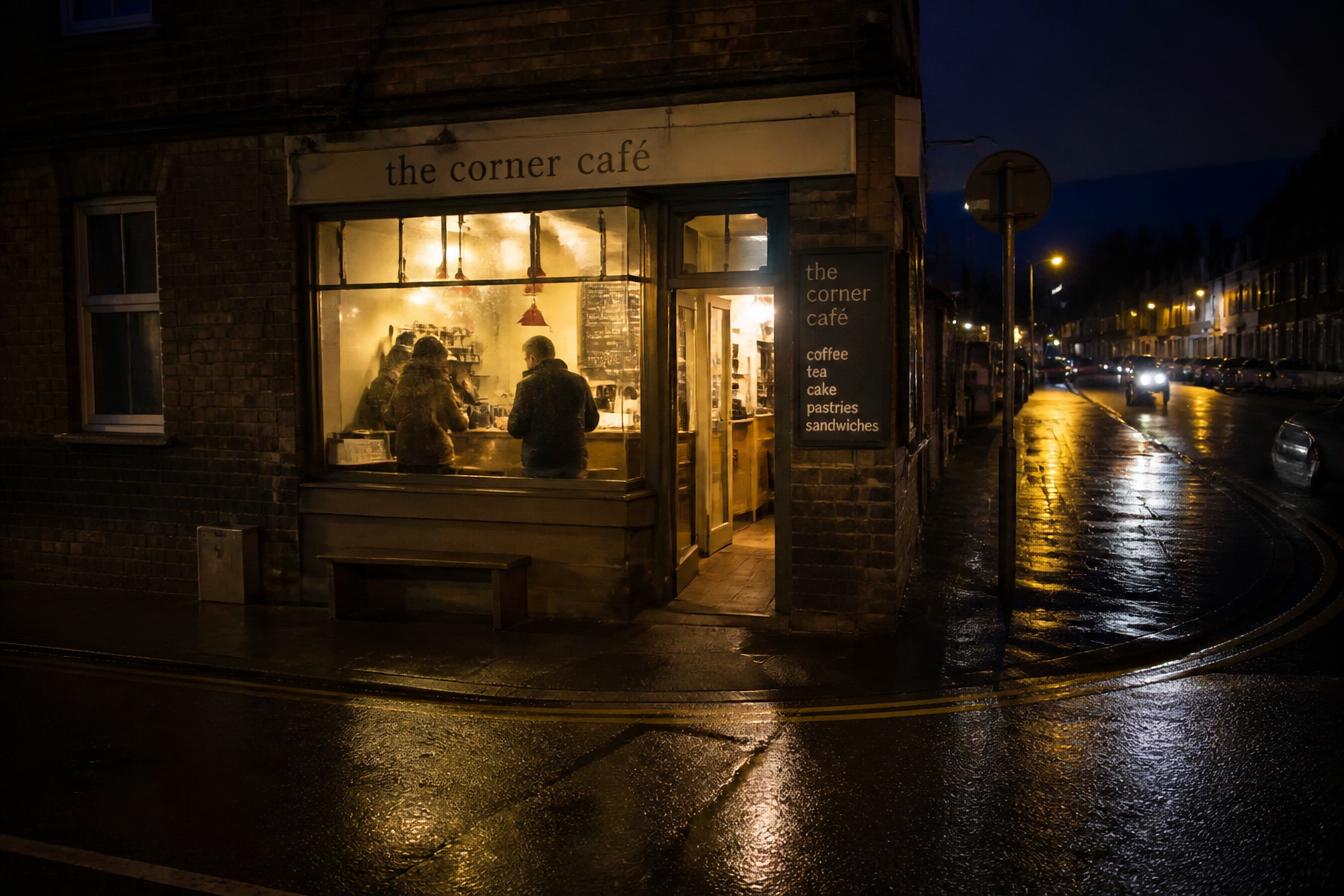 A small corner café glowing at night on a quiet wet street