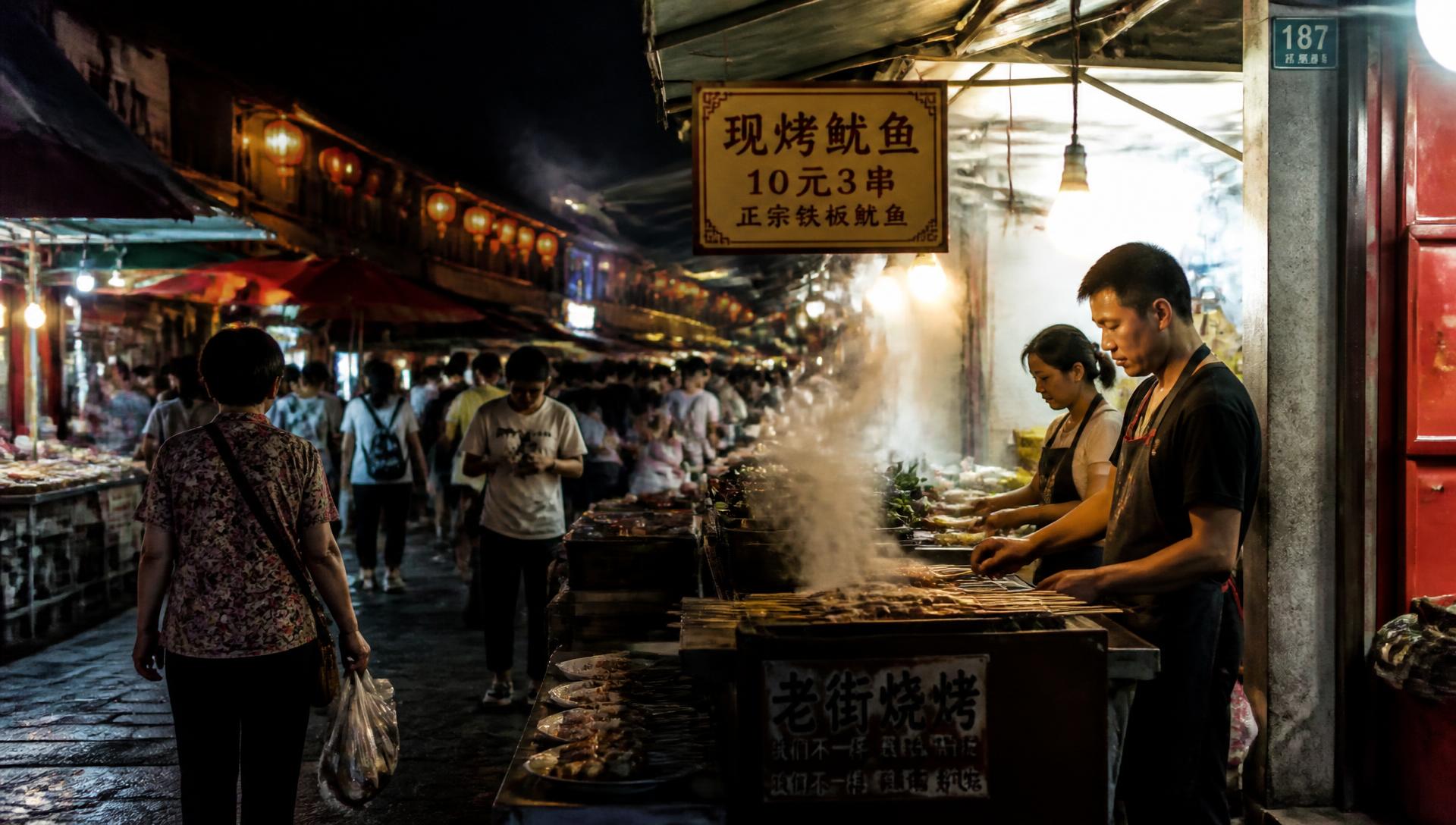 A night market food street with steam rising from a grill and warm lantern light