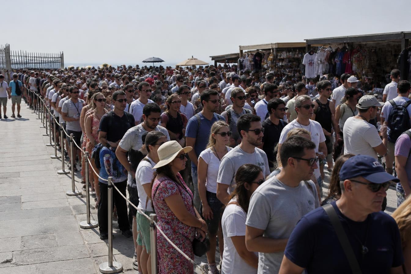 A long queue of visitors waiting outside a busy attraction in flat midday light