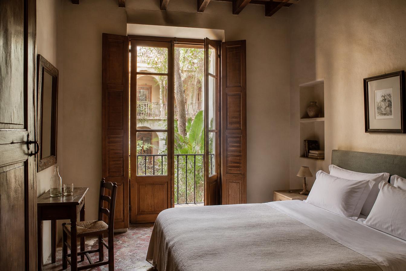 A small hotel room with wooden shutters open onto a planted courtyard